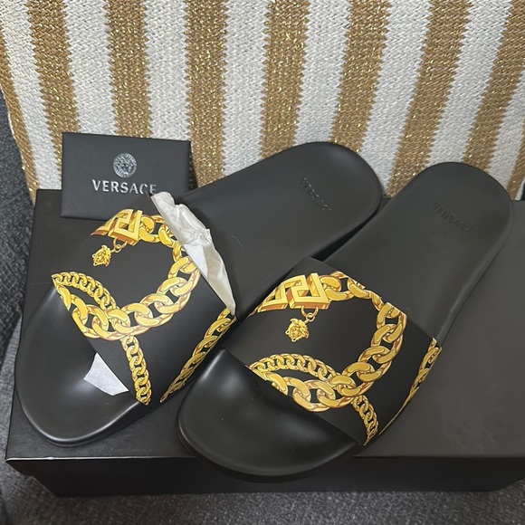 Versace Black Slides with Gold Chain Accent